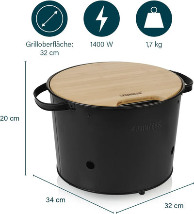 Princess Hybridgrill 112240 – Holzkohle- oder Elektrogrill – mit Bambusschneidebrett – 1400 W – Gril