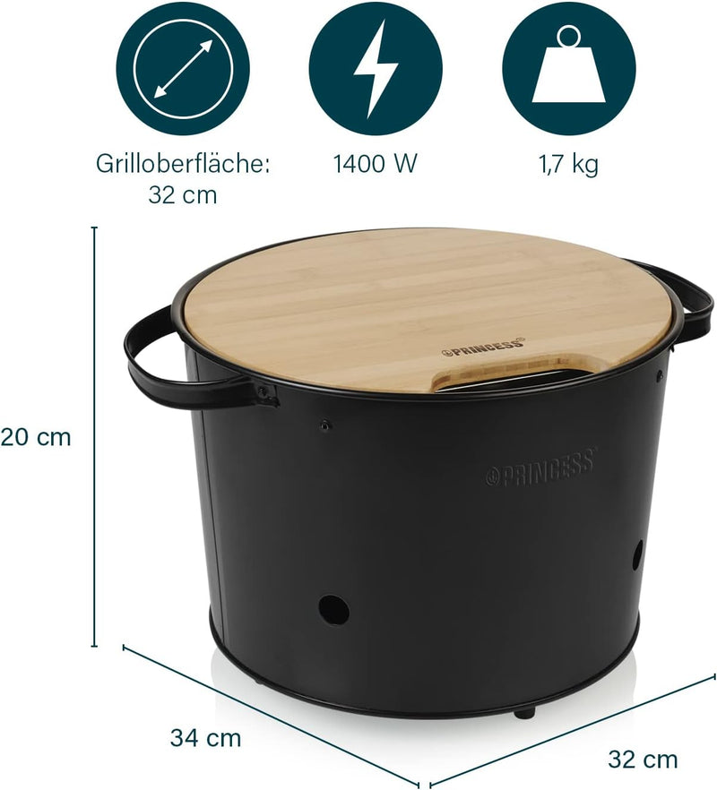 Princess Hybridgrill 112240 – Holzkohle- oder Elektrogrill – mit Bambusschneidebrett – 1400 W – Gril