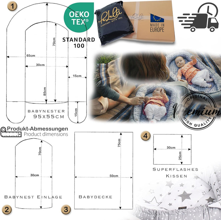 PaLulli Babynest 4-TLG Set 95x55 cm | Babyausstattung mit Matratze & Kuscheldecke | 100% Baumwolle,