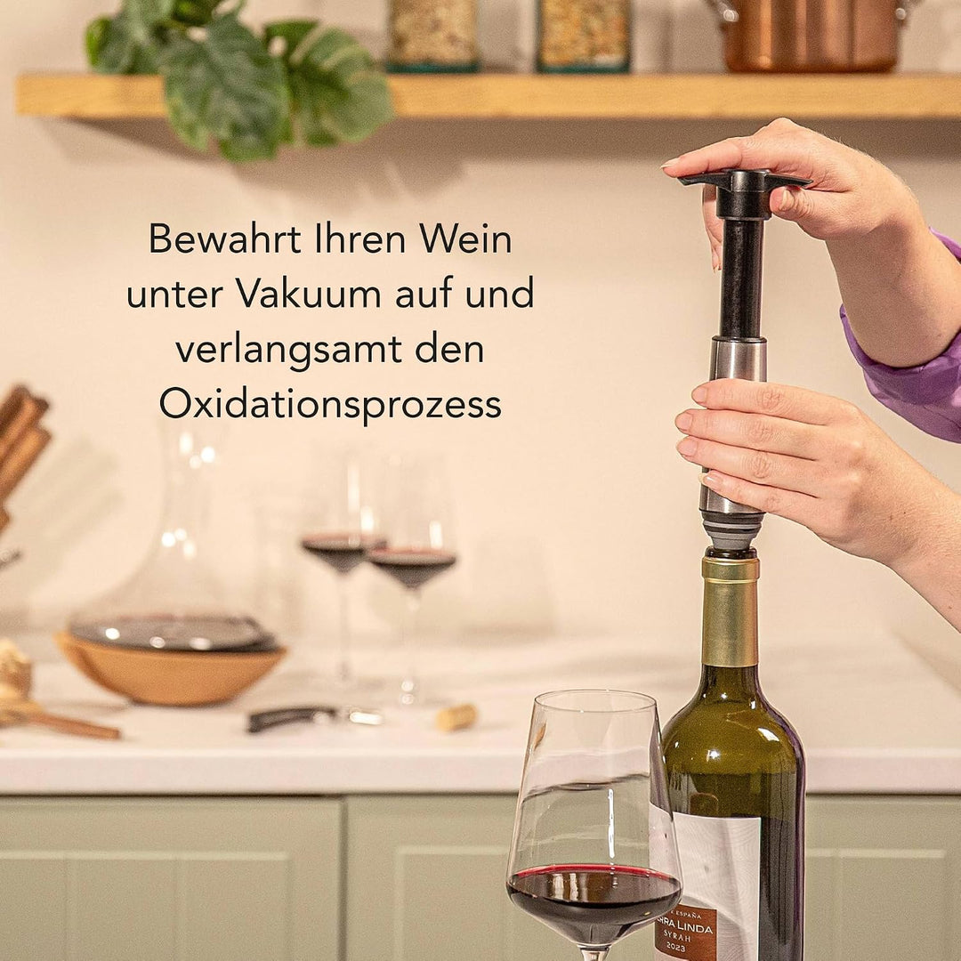 Vacu Vin Weinpumpe Edelstahl mit 2 Vakuumstopfen – Premium Wein Konservierer – Handpumpe zur Luftent