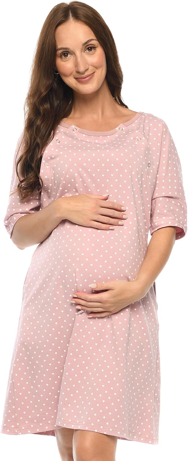 MijaCulture 3 in1 Geburtskleid Stillnachthemd Umstandsnachthemd 4128 Rosa/mit Herzen S, Rosa/mit Her