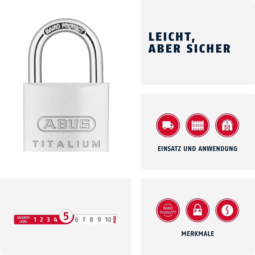 ABUS Vorhängeschloss Titalium 64TI/40 - 3er Set, gleichschliessend - Kellerschloss mit Schlosskörper