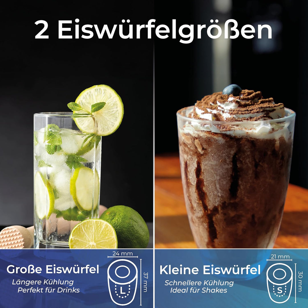 KLAMER Eiswürfelmaschine (2023), 10 Eiswürfel in 7-9 Minuten, 15 kg Eiswürfel pro Tag, 2 Eiswürfelgr