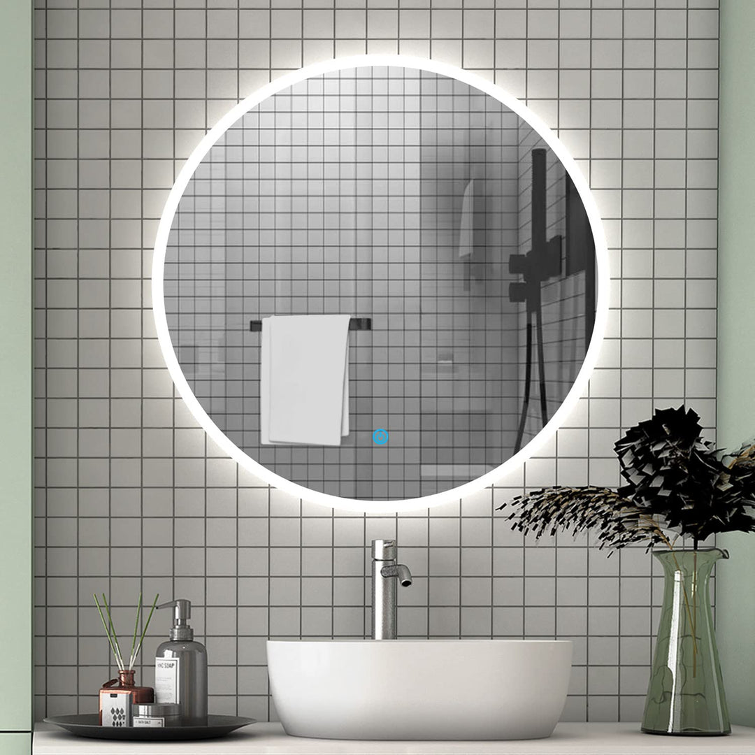 Aica Sanitär LED Badspiegel rund 70 cm Touch Beschlagfrei Wandspiegel mit Beleuchtung Lichtspiegel A