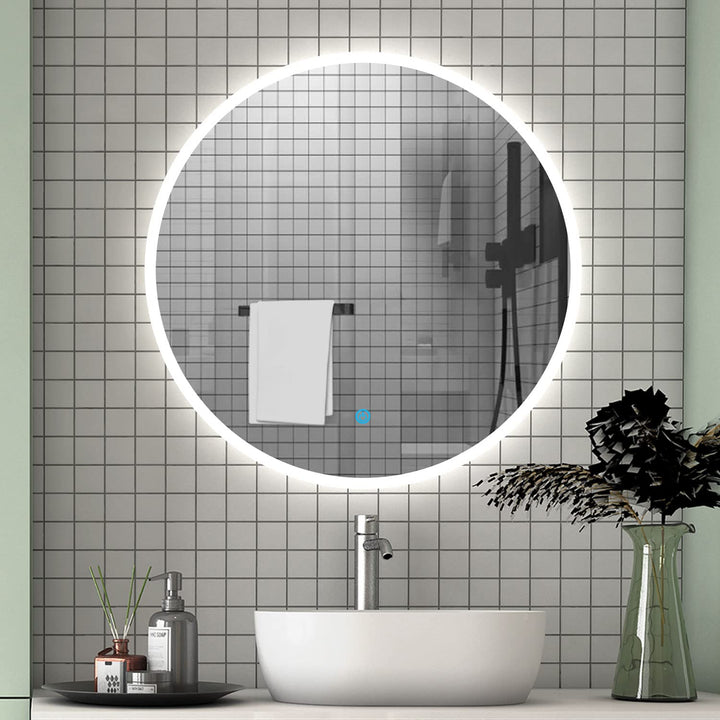 Aica Sanitär LED Badspiegel rund 70 cm Touch Beschlagfrei Wandspiegel mit Beleuchtung Lichtspiegel A