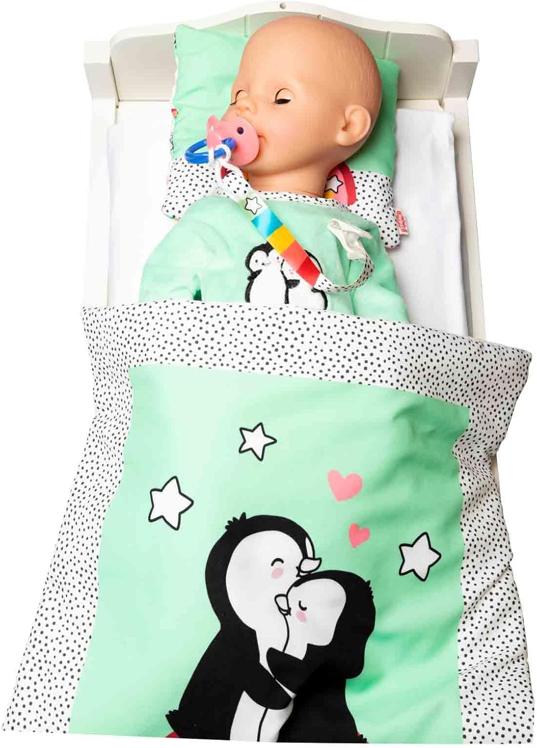 Heless 1000 - Puppen-Wendebettdecke mit Kissen im Pinguin Pünktchen Design, für süsse Puppen-Träume