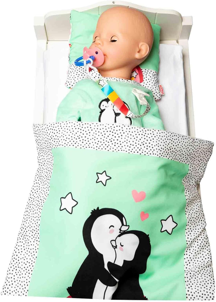 Heless 1000 - Puppen-Wendebettdecke mit Kissen im Pinguin Pünktchen Design, für süsse Puppen-Träume