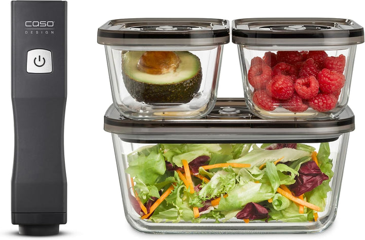 CASO Vacu OneTouch Eco-Set, Handvakuumierer inkl. 3 Vakuumbehälter aus Glas, 10 ZIP-Beutel und Food