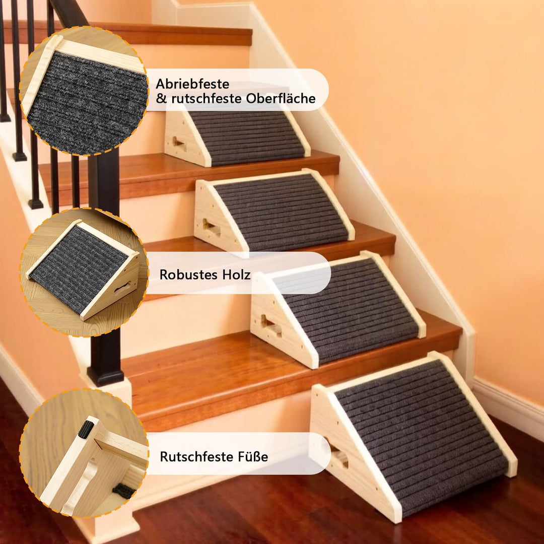 4 Stück Hunderampen für Treppen, Hundetreppe Holz mit Rutschfester Trittmatte, Treppenstufen Haustie
