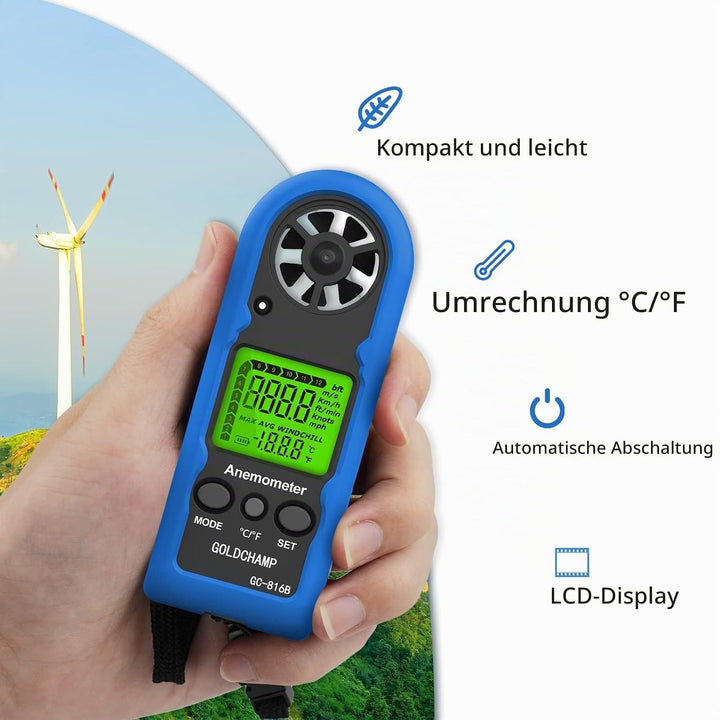 Windmesser Windmessgerät Hand, Mini Digital Windgeschwindigkeitsmesser, Misst Temperatur, Max/Durchs