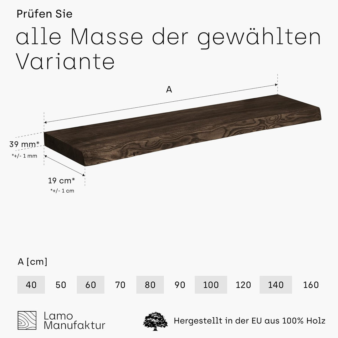 LAMO Manufaktur Wandregal Holz Baumkante | Regal Farbe: Schwarz | Pure: ohne Montage Set | 60 cm Pur