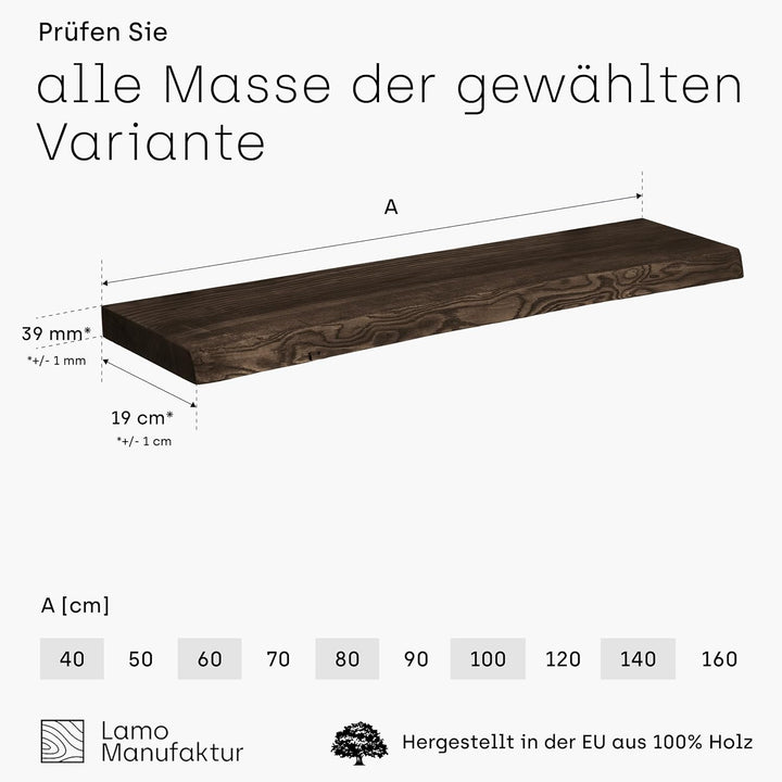 LAMO Manufaktur Wandregal Holz Baumkante | Regal Farbe: Schwarz | Pure: ohne Montage Set | 100 cm Pu
