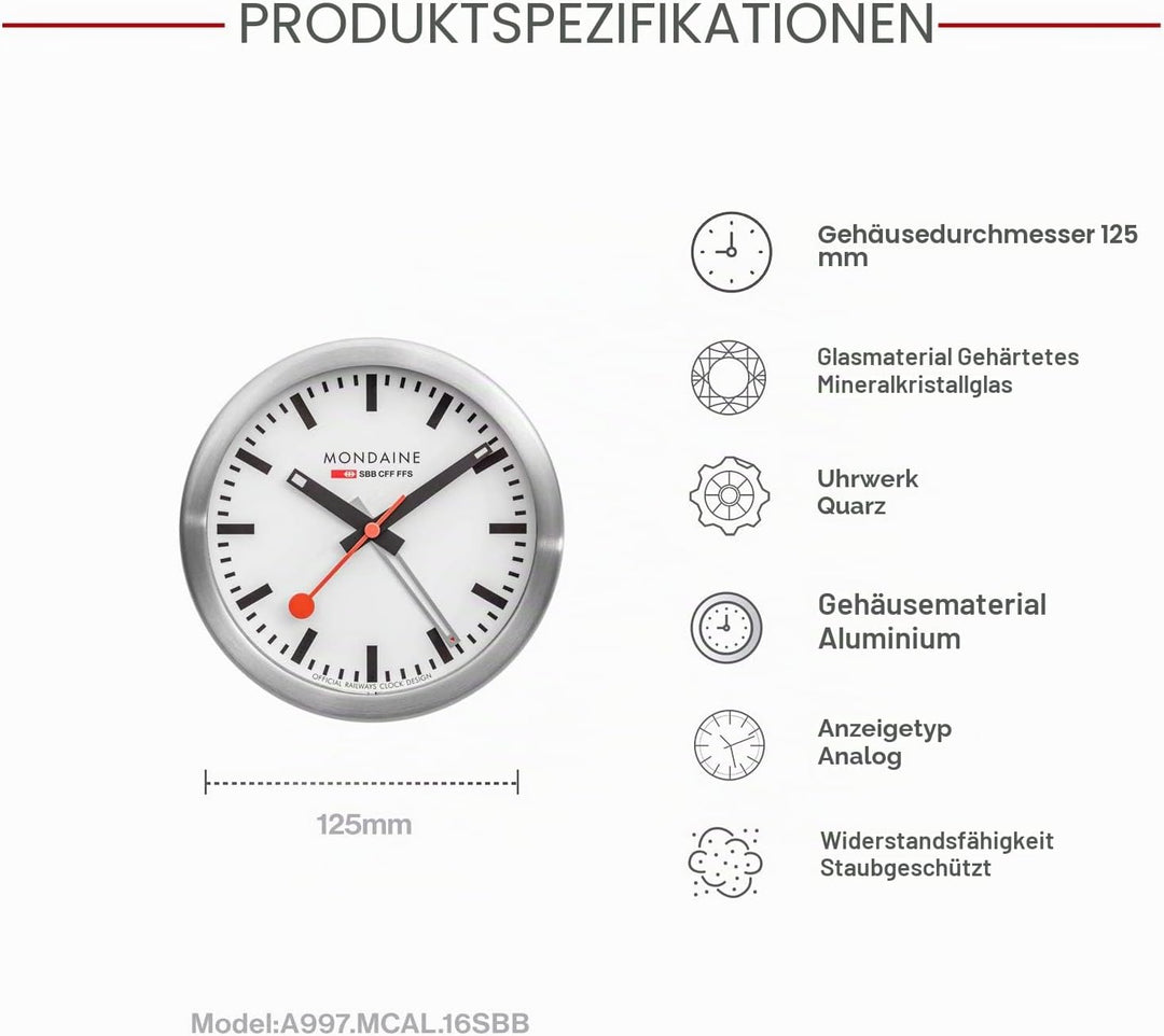 Mondaine - Wecker A997.MCAL.16SBB Tischuhr 125mm - Bahnhofsuhr aus Aluminium mit rotem Sekundenzeige