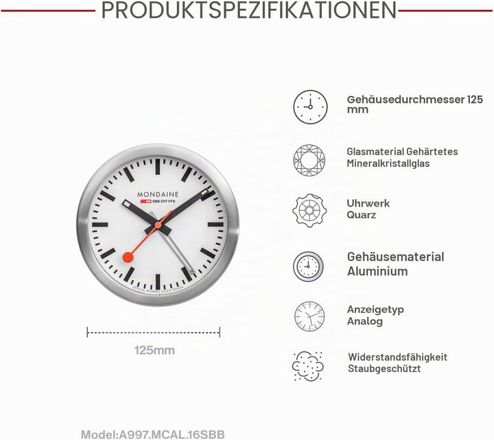 Mondaine - Wecker A997.MCAL.16SBB Tischuhr 125mm - Bahnhofsuhr aus Aluminium mit rotem Sekundenzeige