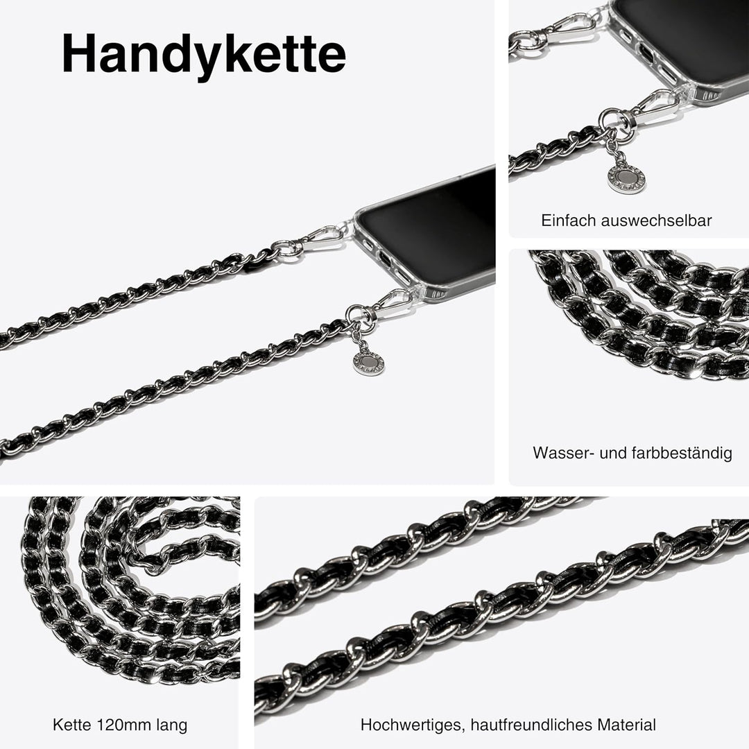 Jalouza Handykette, Kordel & Hülle Bundle kompatibel mit iPhone 13 - Metallkette in Schwarz-Silber u