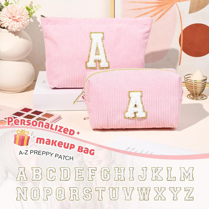 2 Stück Initialen Make-up-Tasche, Cord-Kosmetiktasche Organizer, Reise Kulturbeutel, Schminktasche D