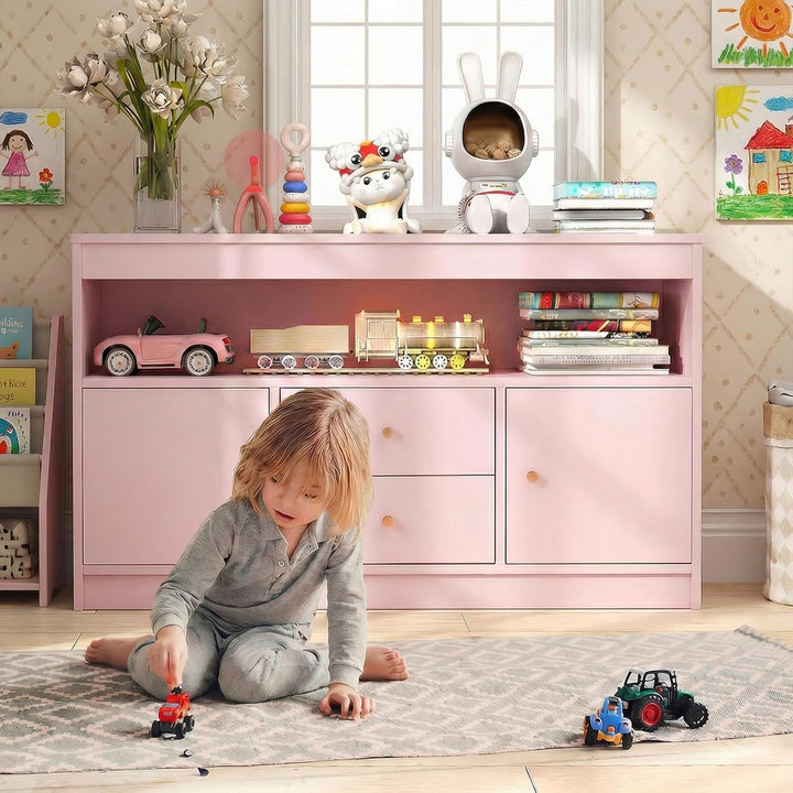 COSTWAY Spielzeugschrank Kinder, Kinderregal aus Holz, Kinderschrank mit 2 Schubladen & 2 Türen, Spi