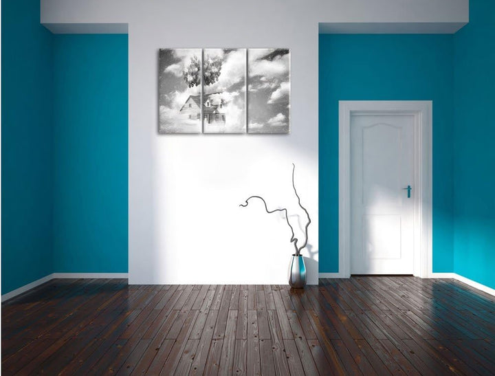Pixxprint fliegendes Haus mit Luftballons als Leinwandbild/Grösse: 3 Teilig (120x80 cm) cm/Wandbild/