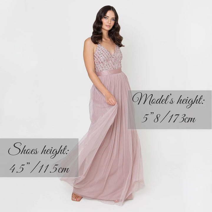 Maya Deluxe Damen Maxi Abendkleid Elegant für Hochzeit mit V-Ausschnitt Tüllkleid Schleife Brautjung