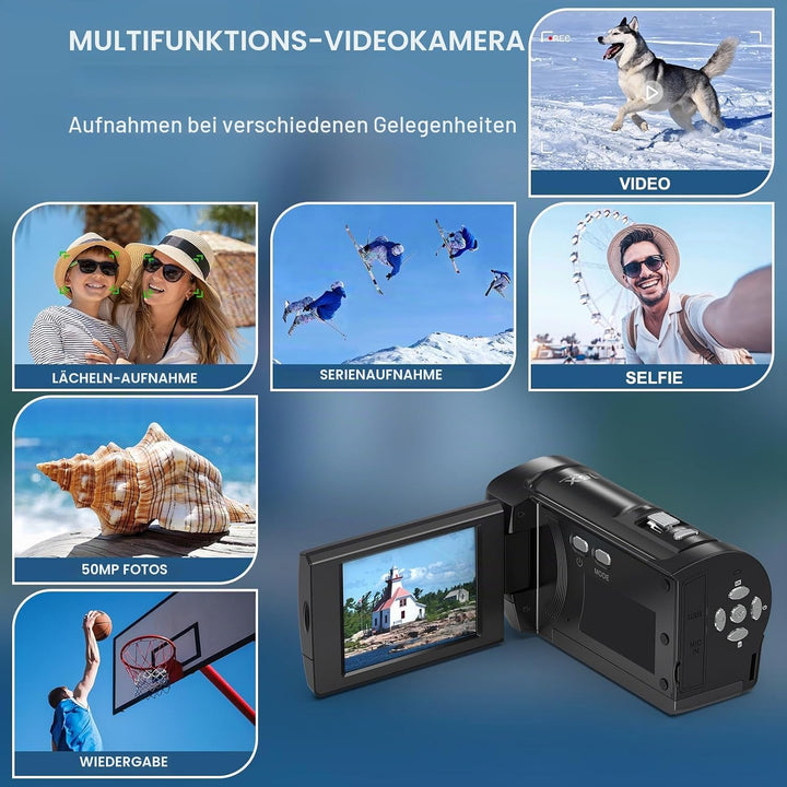 Videokamera 2.7K 56MP Camcorder 16X Digitalzoom Fülllicht Vlogging Camera Schwarz, Schwarz