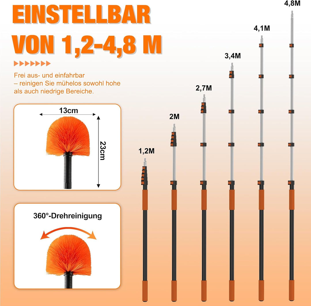LAANPOLE 4,8m Staubwedel Teleskop Waschbar, Spinnenwebenentferner zum Reinigen, Spinnwebenbesen mit