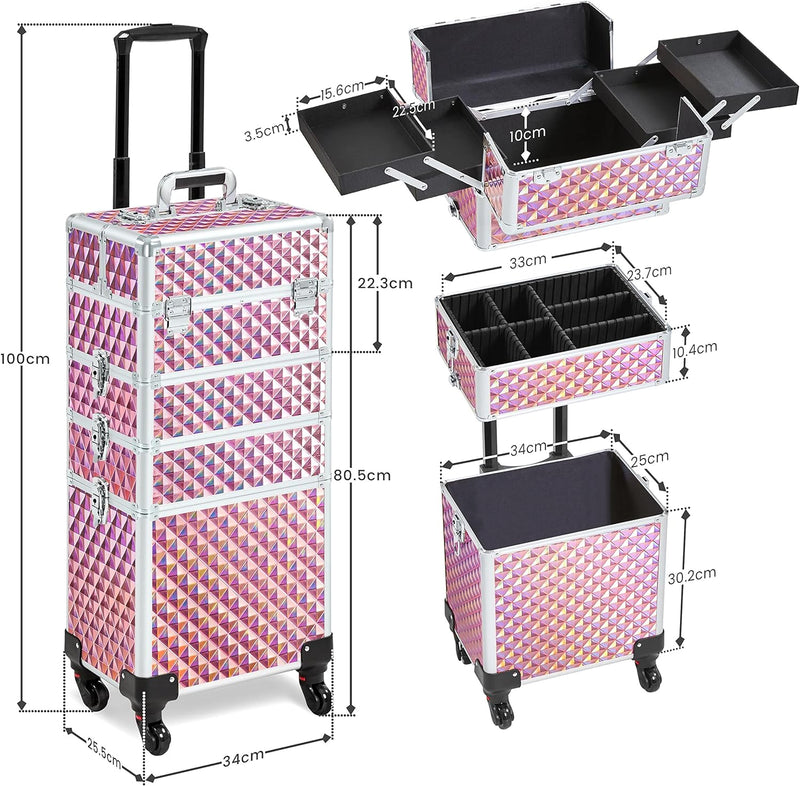 Yaheetech 4-in-1 Kosmetikkoffer, Trolley Schminkkoffer, Grosser Make up Koffer, Abschliessbar Multik