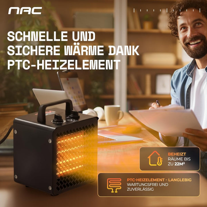 NAC Elektrischer Keramik Heizlüfter 2000 Watt - Heizstrahler mit Thermostat, Heizung Elektrisch - He