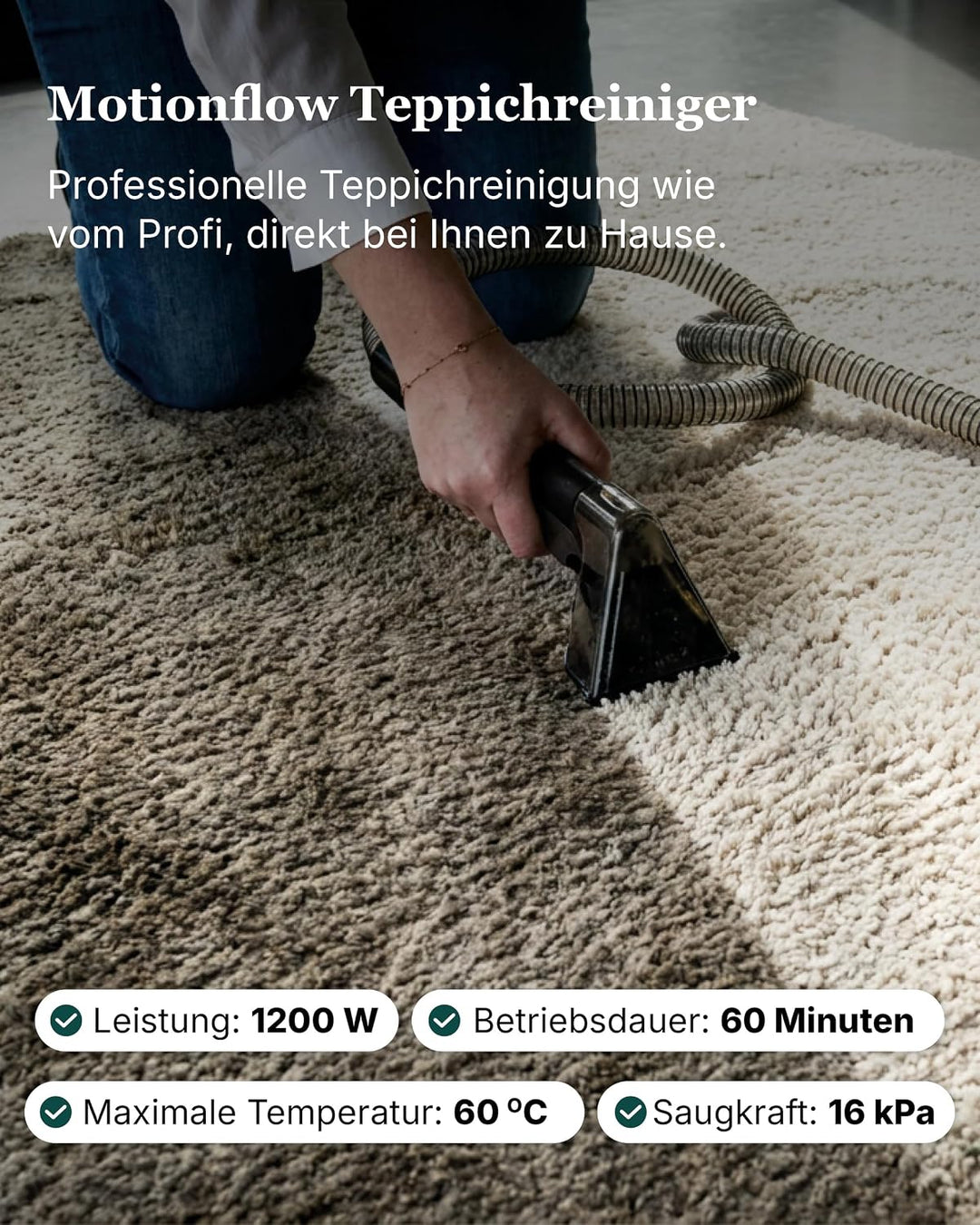 Motionflow Teppichreiniger Waschsauger mit Heizfunktion - 1200W Polsterreiniger Gerät für Teppiche,
