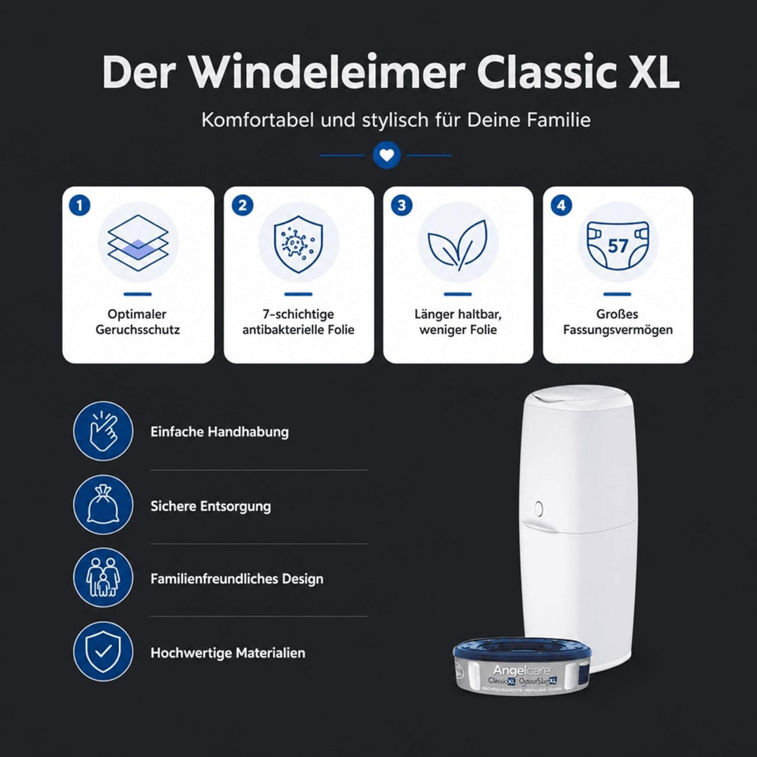 Angelcare Windeleimer Classic XL | komfortabel | Nachfüllkassette mit optimalen Geruchsschutz | 7-sc