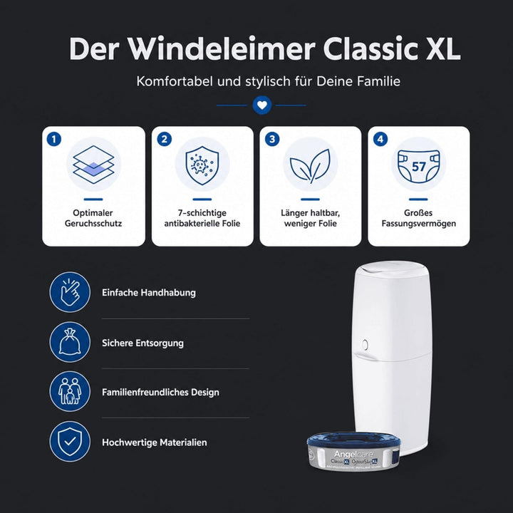 Angelcare Windeleimer Classic XL | komfortabel | Nachfüllkassette mit optimalen Geruchsschutz | 7-sc