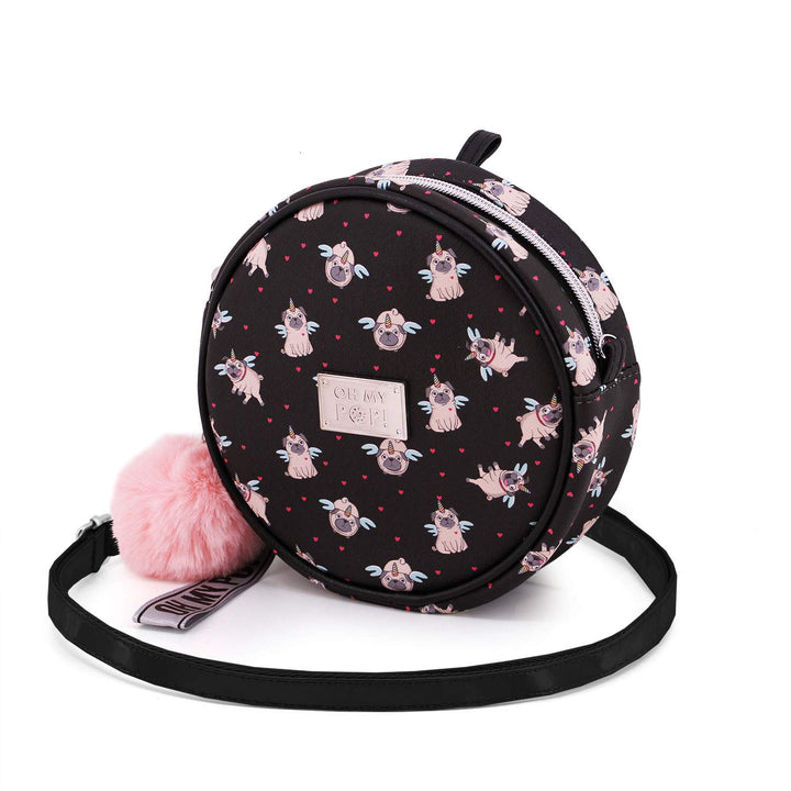 Oh My Pop! Pug-Runde Schultertasche, Schwarz