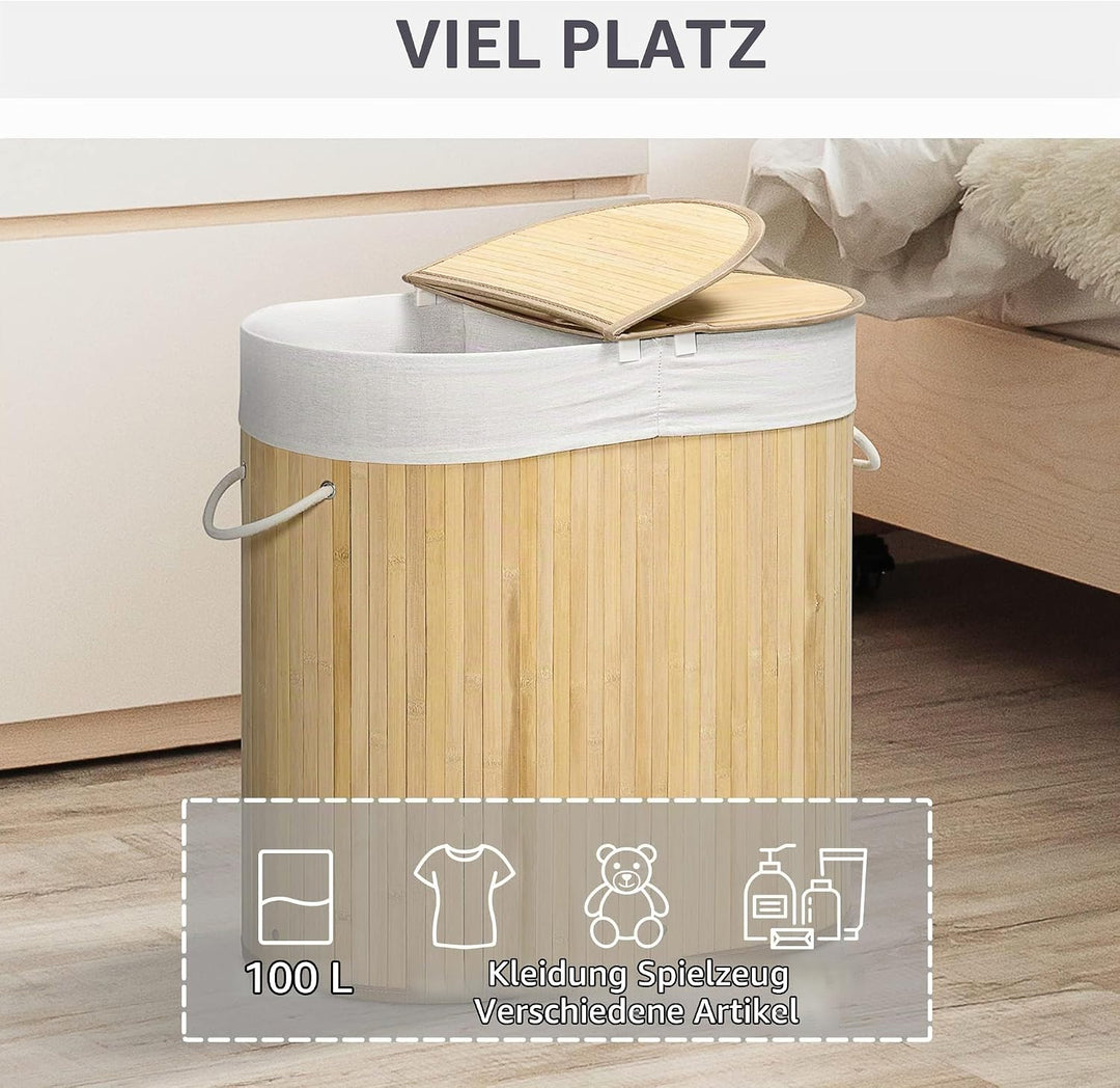 HOMCOM Wäschekorb 100L Wäschebox mit Deckel, Griff Wäschesortierer Wäschesammler mit 2 Abschnitten,