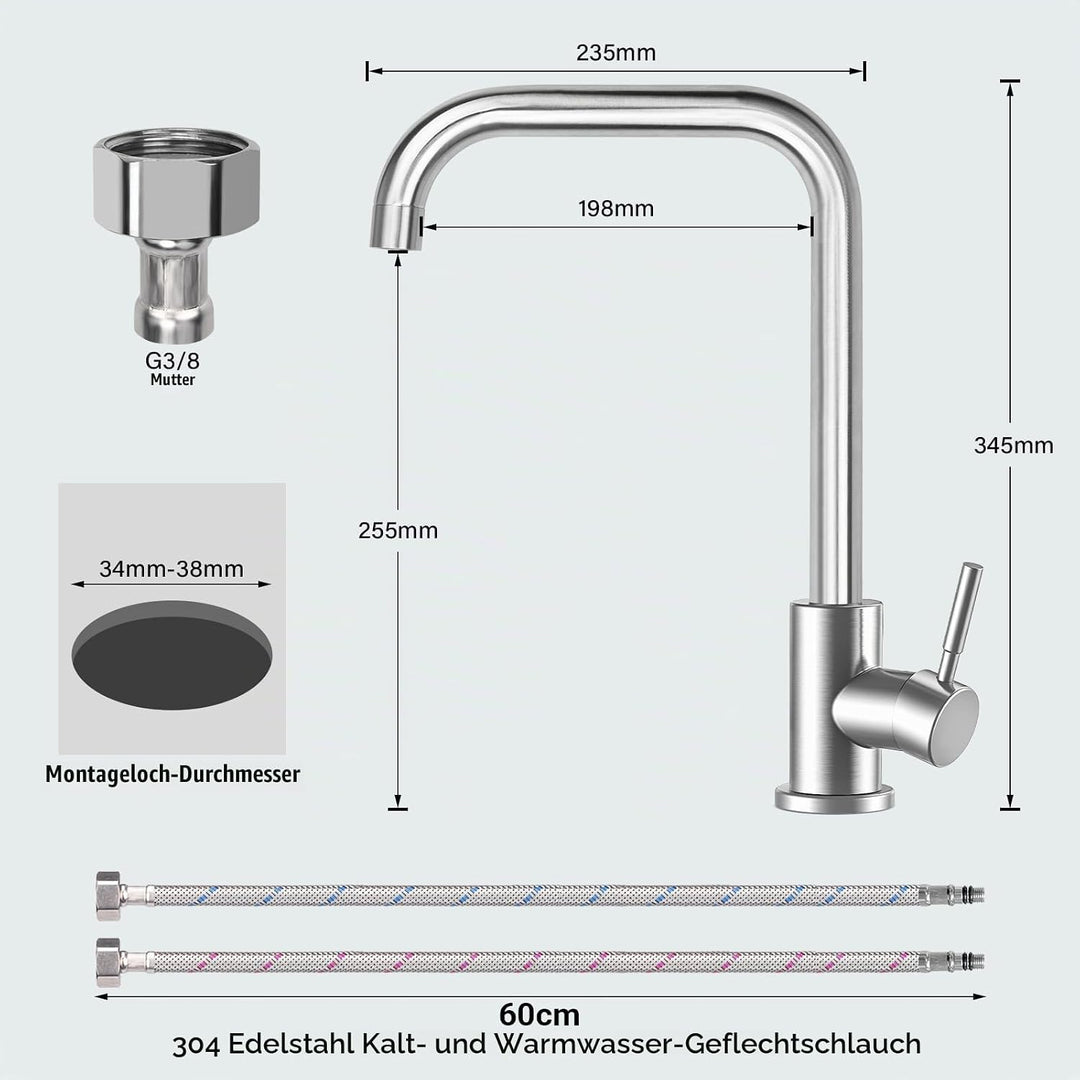 Wasserhahn Küche, Hochdruck Küchenarmatur Edelstahl Armatur Küche, mit 360° Schwenkauslauf | Einhebe
