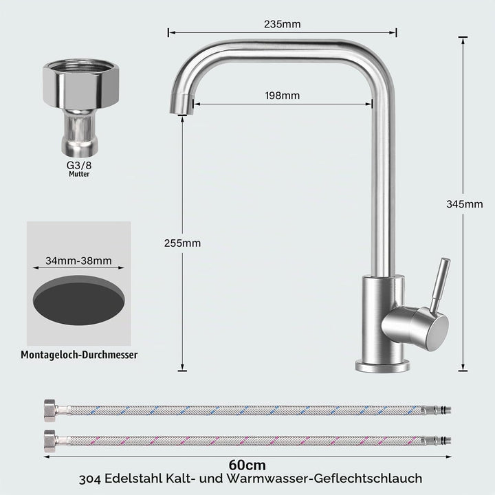 Wasserhahn Küche, Hochdruck Küchenarmatur Edelstahl Armatur Küche, mit 360° Schwenkauslauf | Einhebe