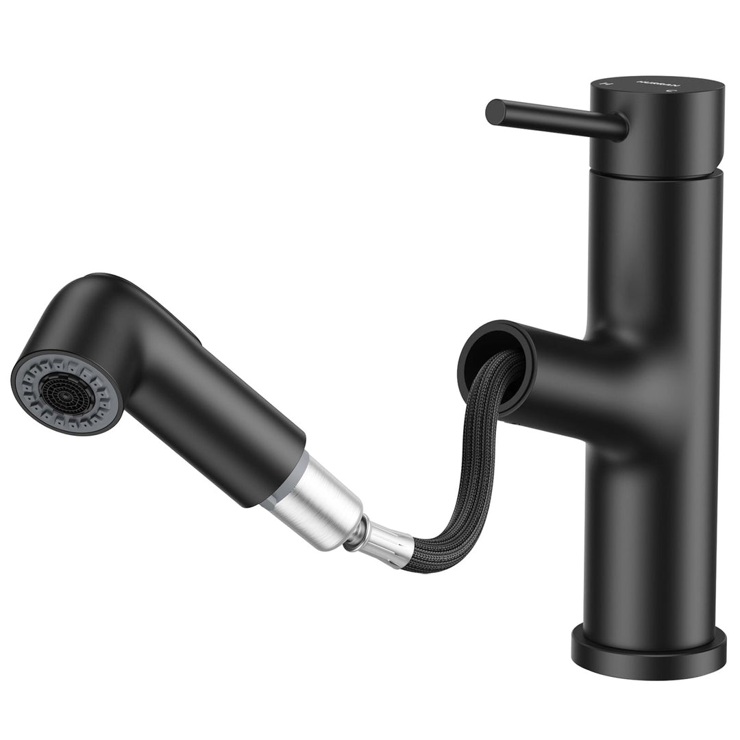 HURRAN Ausziehbare Wasserhahn Bad, Einhebelmischer für Waschbecken, Niedrig Waschtischarmatur mit 2