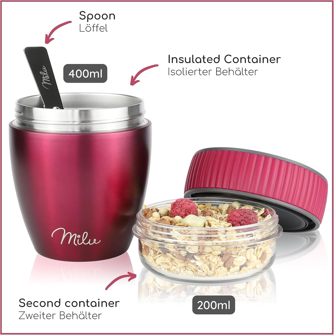 Milu Müslibecher to go 400ml MüsliMax I isolierter Edelstahl Joghurtbecher für Müsli I auslaufsicher