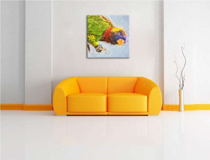 Pixxprint Farbenfroher Papagei auf AST als Leinwandbild | Grösse: 70x70 cm | Wandbild | Kunstdruck |