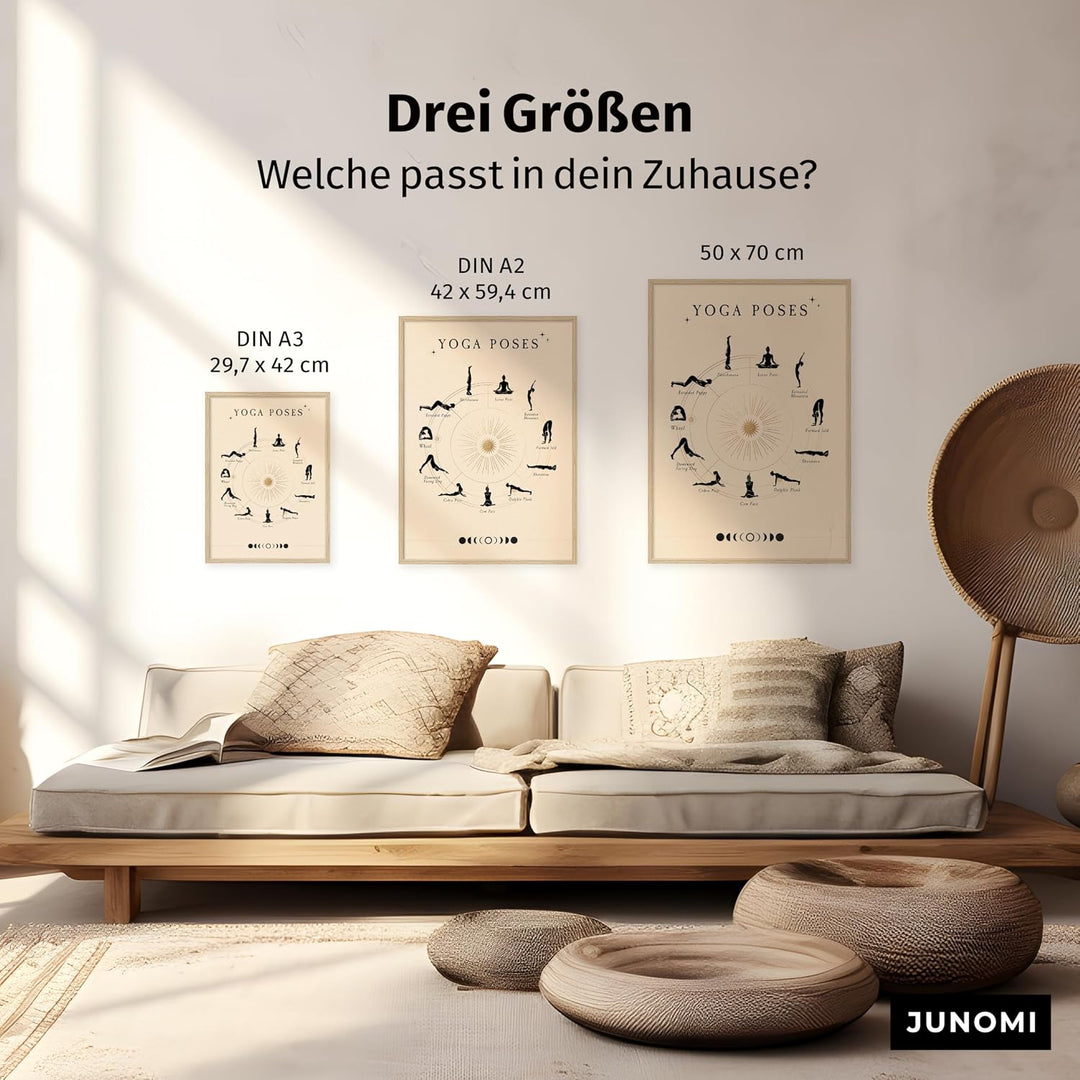 JUNOMI® Yoga Poster DIN A2 | Yoga Zubehör für Studio &amp; Zuhause, Boho Wanddeko, Meditation | mit Rahm