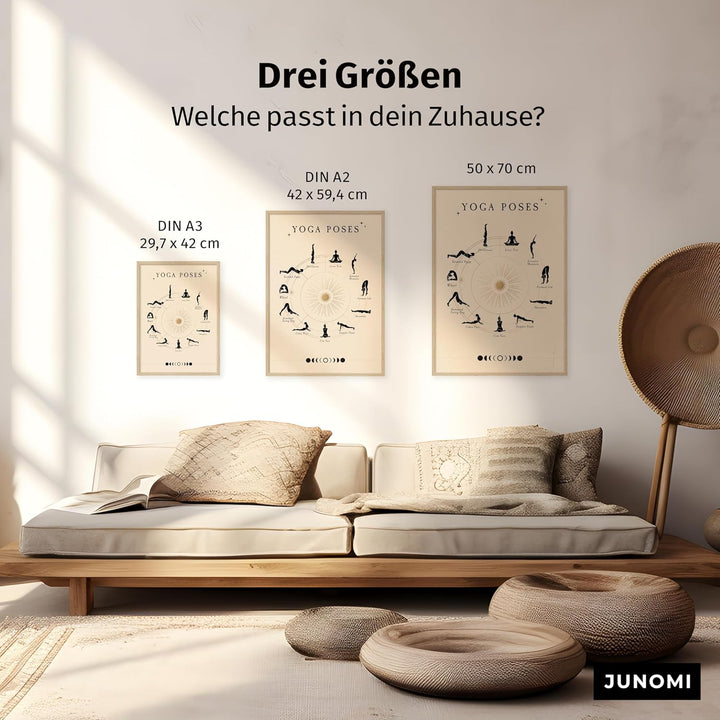 JUNOMI® Yoga Poster DIN A2 | Yoga Zubehör für Studio & Zuhause, Boho Wanddeko, Meditation | mit Rahm