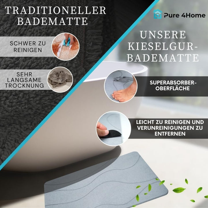 PURE 4HOME Badematte Kieselgur 60 x 40 cm – Saugstark & Schnelltrocknend, Rutschfest – Diatomit Stei