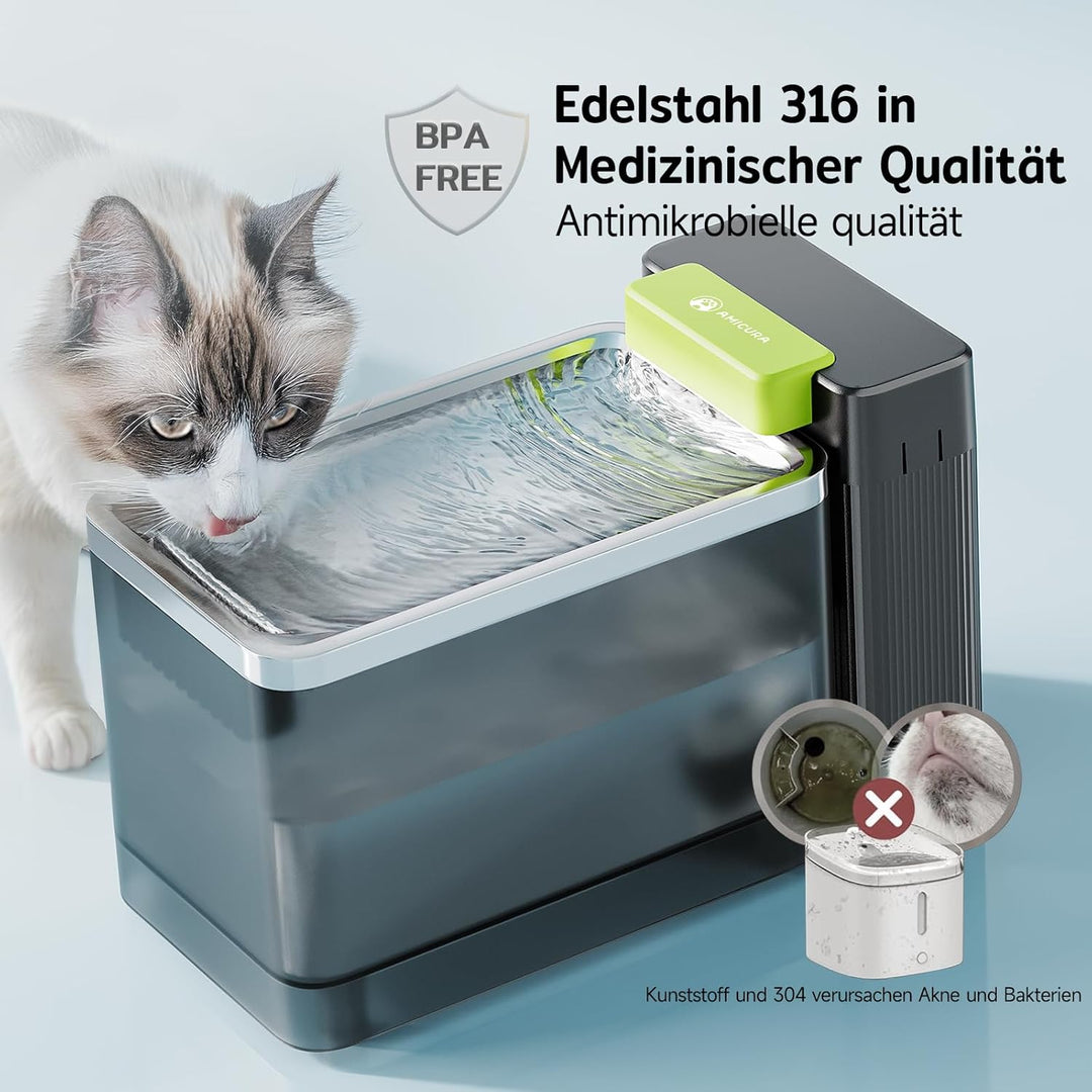Amicura A3 Lite Trinkbrunnen für Katze mit Ultraﬁltration - 3,3L Grosser Tank, SUS316 Edelstahl-Trin