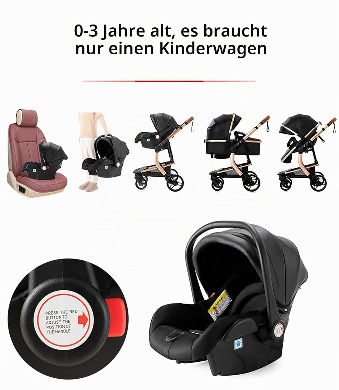 Magic ZC PU-Leder Kinderwagen 3 in 1, Kinderwagen Set Umkehrbarem Doppelschiebemodus, Kombikinderwag