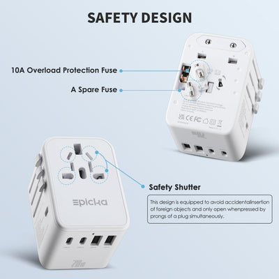 EPICKA Reiseadapter Weltweit, GaN Universal Reisestecker 70W PD Schnellladegerät, Travel Adapter mit
