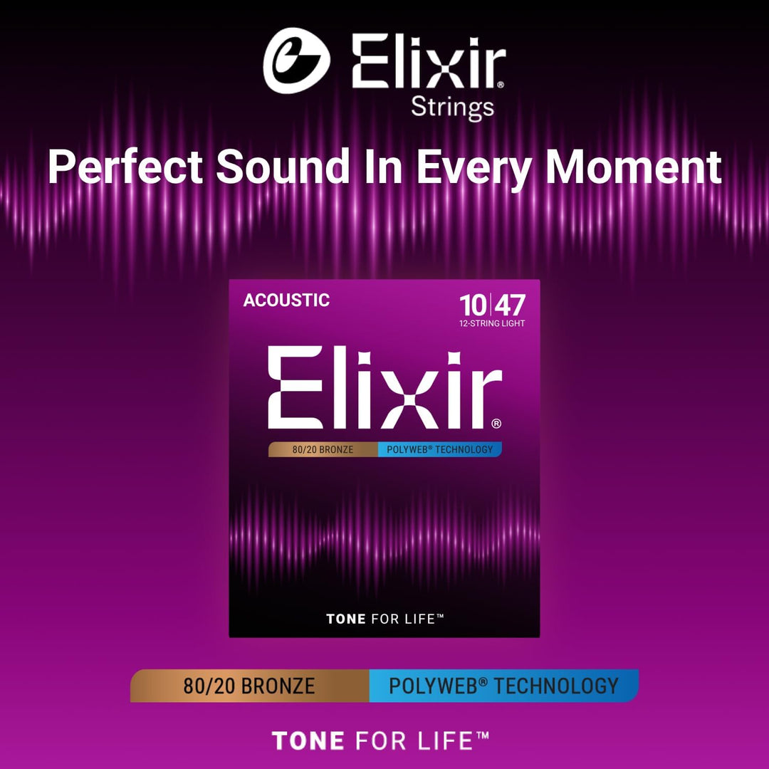 Elixir® Saiten 80/20 Bronze 12-saiter Akustik-Gitarrensaiten mit POLYWEB® Beschichtung, Light (.010-