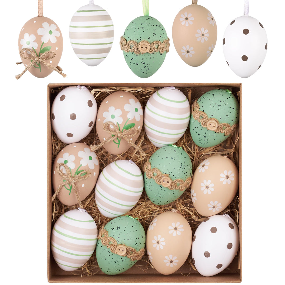 Valery Madelyn 12er Ostereier zum Aufhängen für Osterdeko,6cm Nature Plastikeier für Ostern Deko,Bra