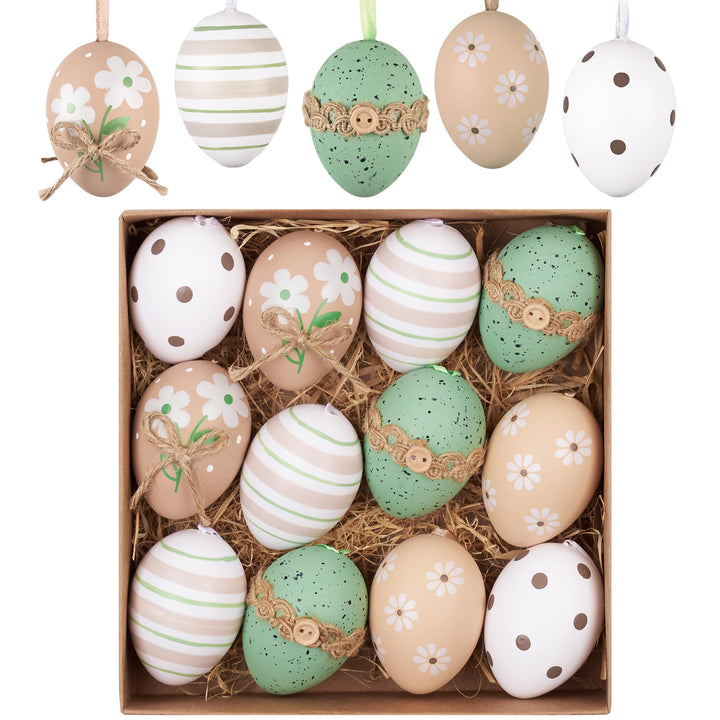 Valery Madelyn 12er Ostereier zum Aufhängen für Osterdeko,6cm Nature Plastikeier für Ostern Deko,Bra