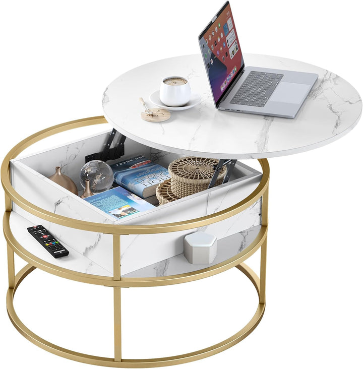 YITAHOME Couchtisch Rund mit Hebeplatte, Wohnzimmertisch mit verstecktem Ablagefach, Beistelltisch R
