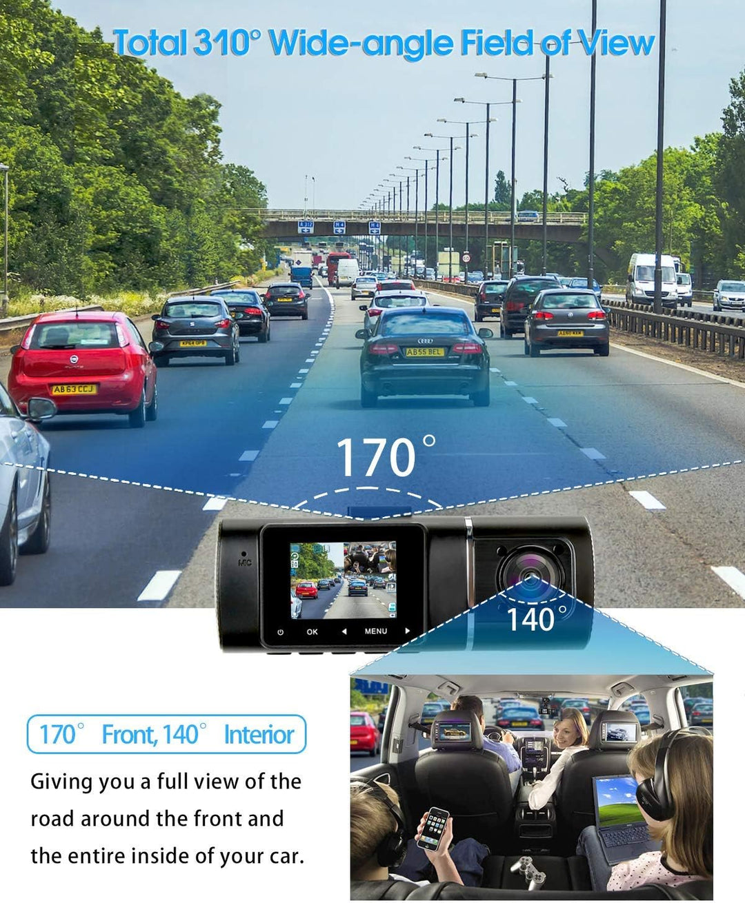 Abask J05 Dashcam Auto 1080P Dash Cam Vorne Innen mit 32GB SD-Karte, 310° Weitwinkelansicht, Autokam