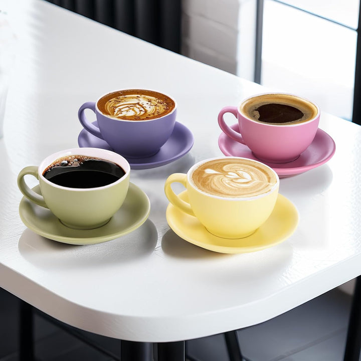 Yundu Cappuccinotassen Set 4x 300ml – Keramik-Kaffeetassen mit Untertassen, Mattierte Helltöne-Mix f