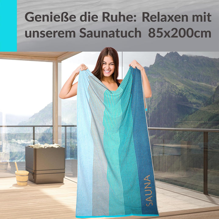Lashuma Saunatuch Helsinki, Blau - Türkis, Liegetuch für die Sauna, XXL Badetuch, 100% Baumwolle, 85